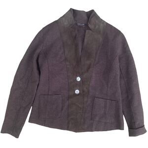 Eileen Fisher W small Brown Merino Wool Blazer Jacket Lamb Leather Trim button